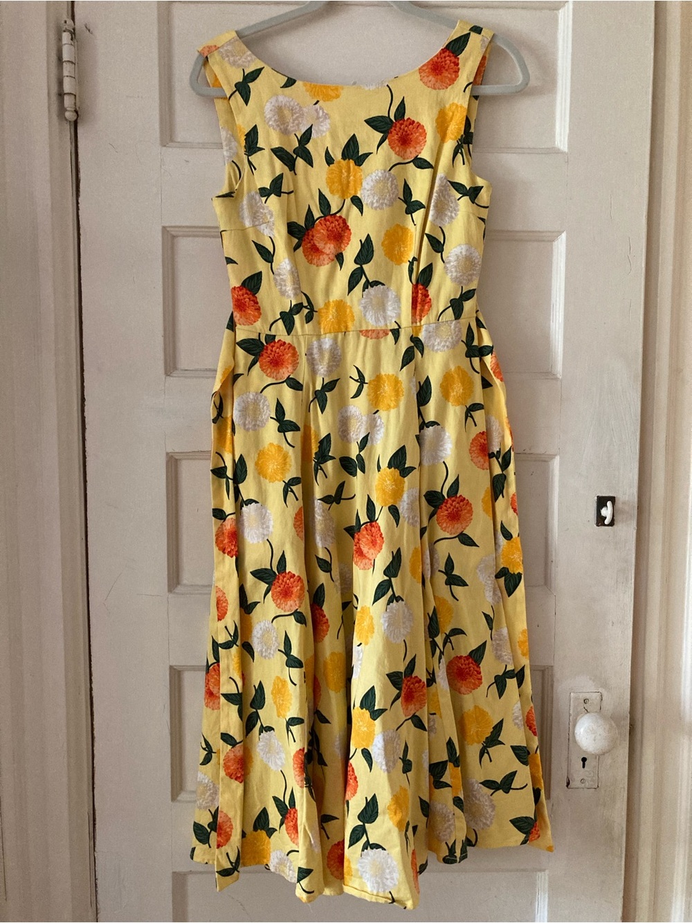 Yellow Floral Midi Dress Full Skirt Cotton Vintage
